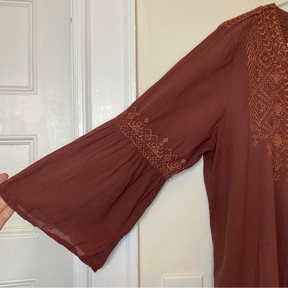 JOHNNY WAS Workshop Megan Embroidered Flare Sleeve Tunic Top Cocoa Brown Sz XL - Picture 4 of 12
